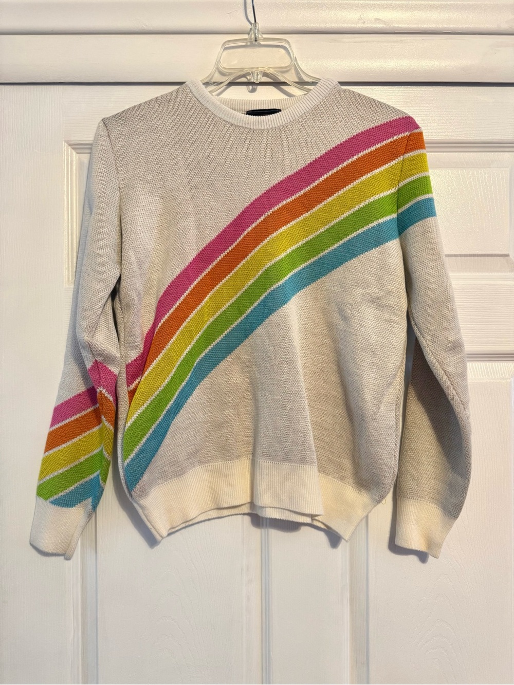 Light Gray Crewneck Sweater with Rainbow Stripe